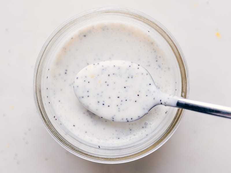 Overhead image of a spoonful of dressing
