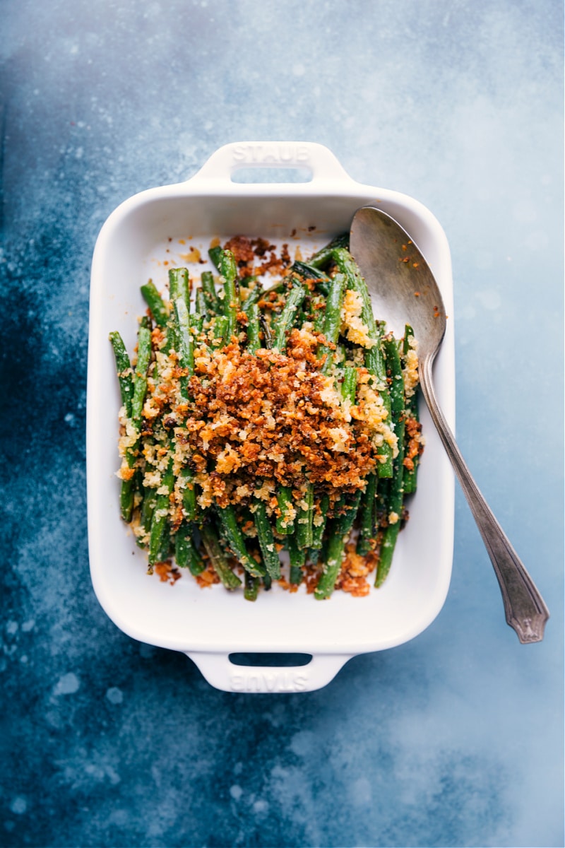 Overhead view of Roasted Green Beans with Parmesan bread crumbs