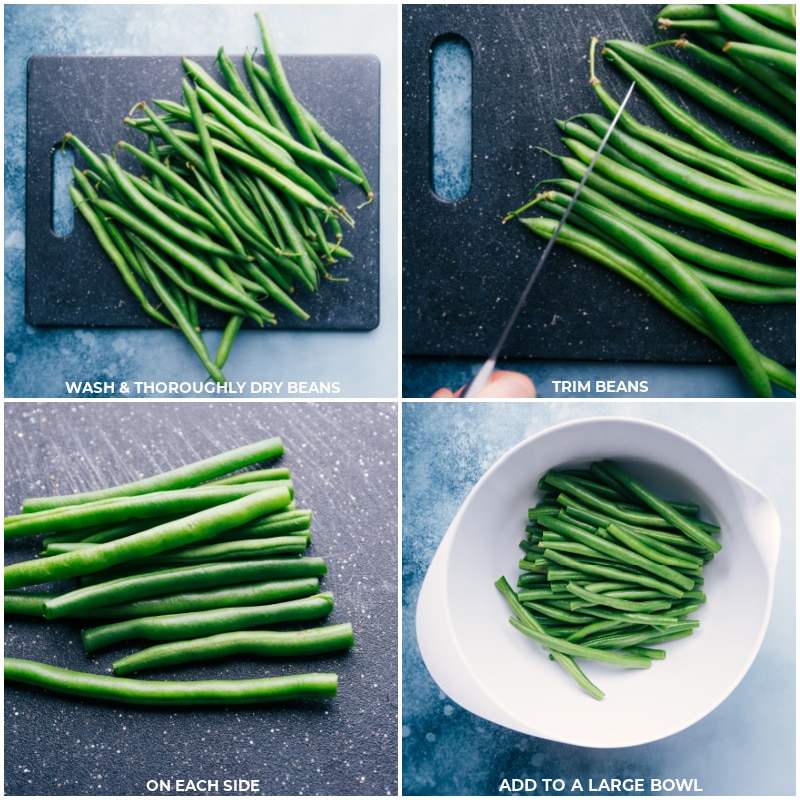 Process shots: washing the green beans, trimming them on each side and adding them to a large bowl.
