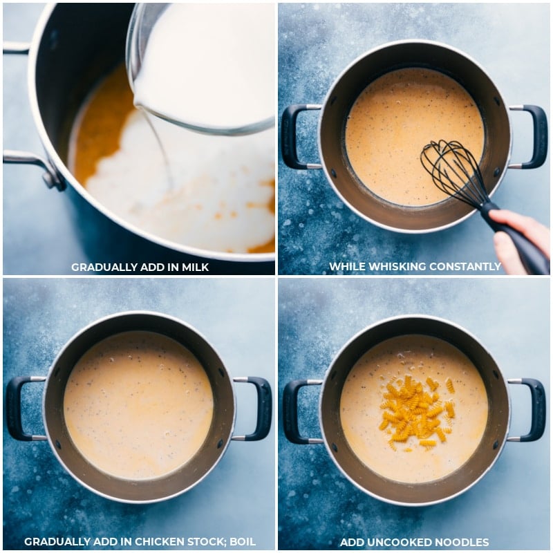 Process shots-- images of the milk being added and whisked together then the chicken stock being added and boiled and the noodles being added and cooked