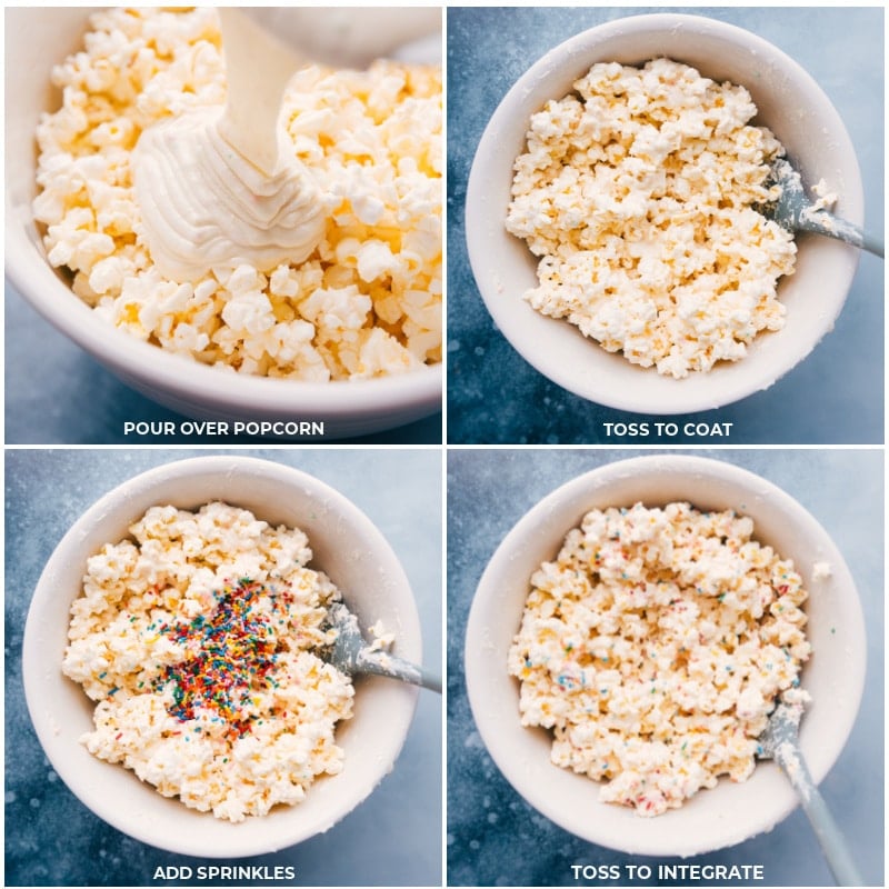 Process shots of the cake batter popcorn-- images of the chocolate mixture being poured over the popcorn, sprinkles being added, and everything being mixed together