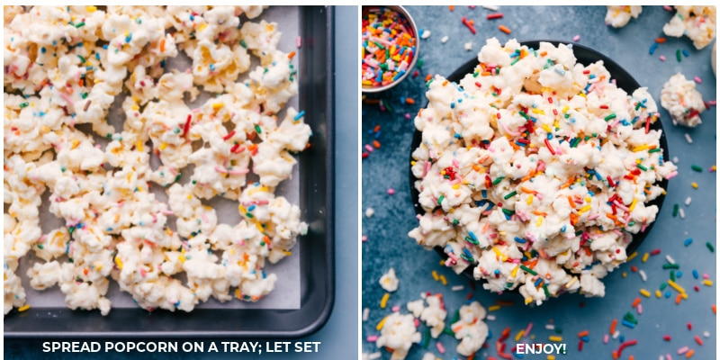 Cake Batter Popcorn on a tray and in a serving bowl