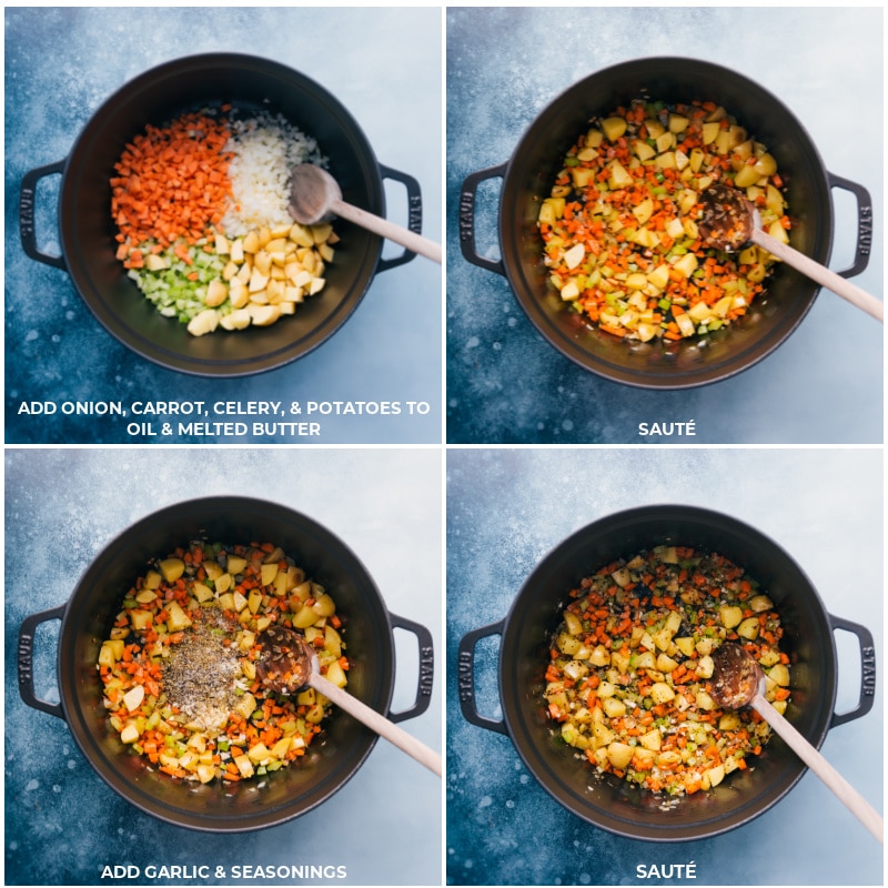 Process shots-- images of the vegetables being sauteed and the garlic and seasonings being added and sautéed