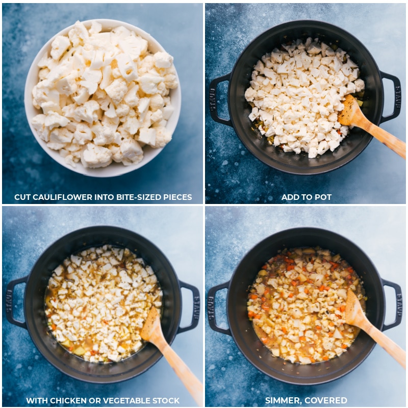 Process shots of Cauliflower Soup-- images of the cauliflower being chopped up and added to the pot and the veggie stock being added