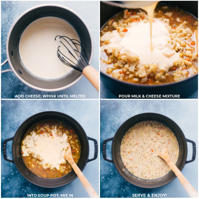 Process shots-- images of the cream mixture being added to the soup and everything being mixed together and served