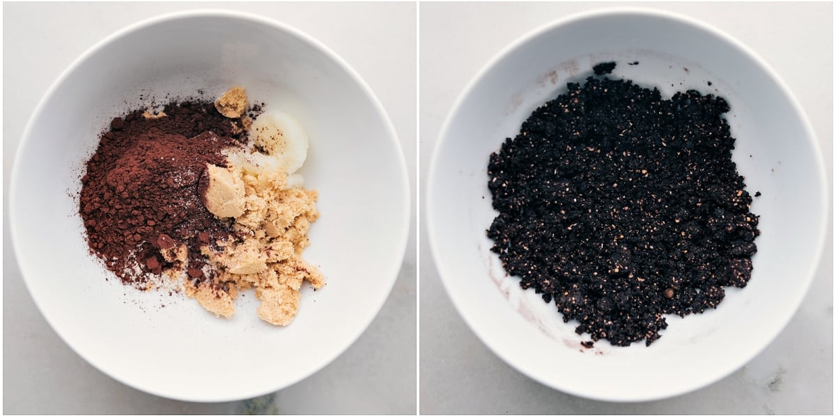 Dubenyje sumaišykite visus „Oreo“ trupinių ingredientus, kad sukurtumėte autentišką „Oreo“ trupinį be jokių nežinomų priedų.