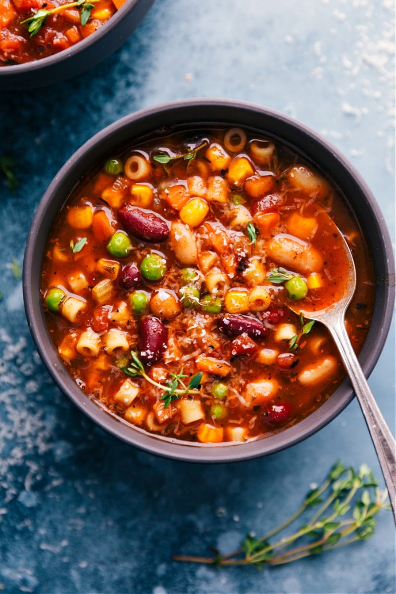 Overhead image of Minestrone Soup in a bowl