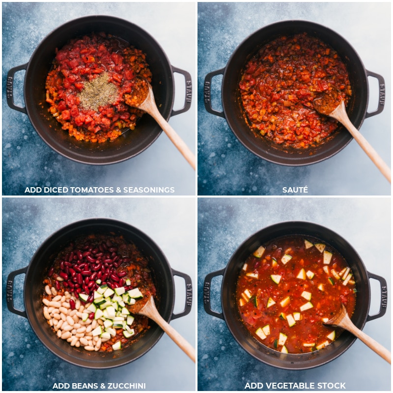 Process shots of Minestrone Soup-- images of the diced tomatoes, seasonings, beans, zucchini, and vegetable stock