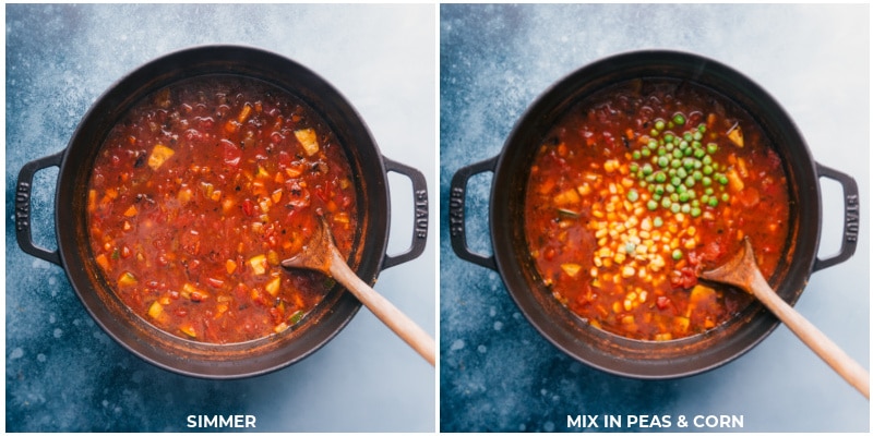 Process shots-- images of the soup simmering and the peas and corn being added in