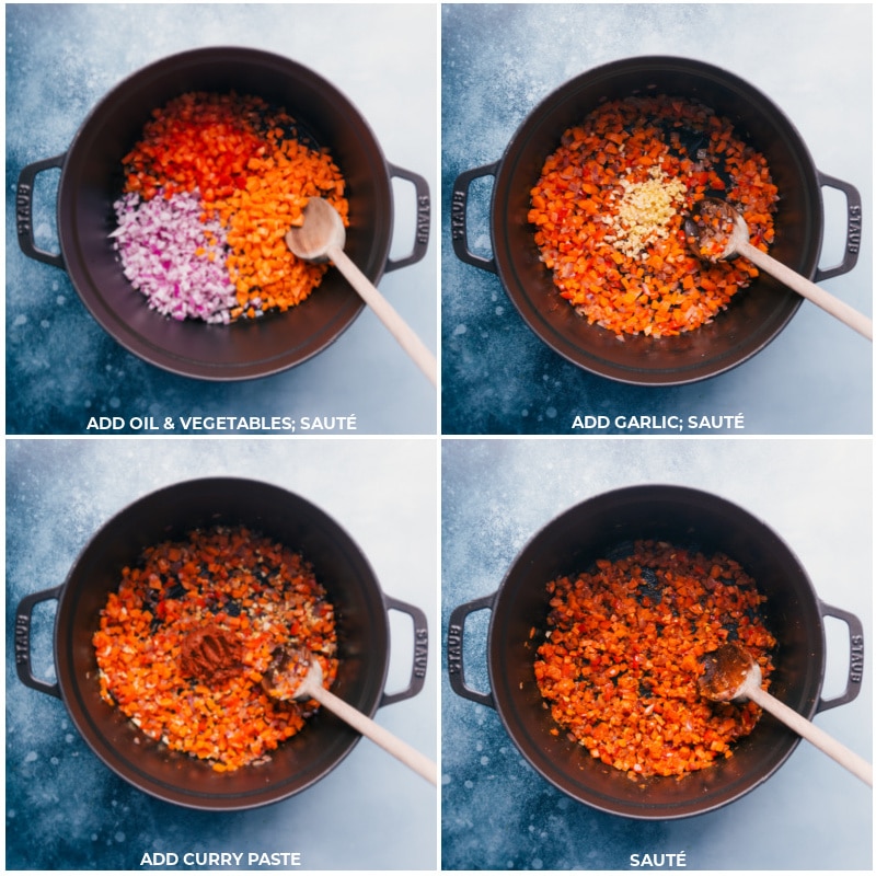 Process shots-- images of the oil, vegetables, and curry paste being added to a pot