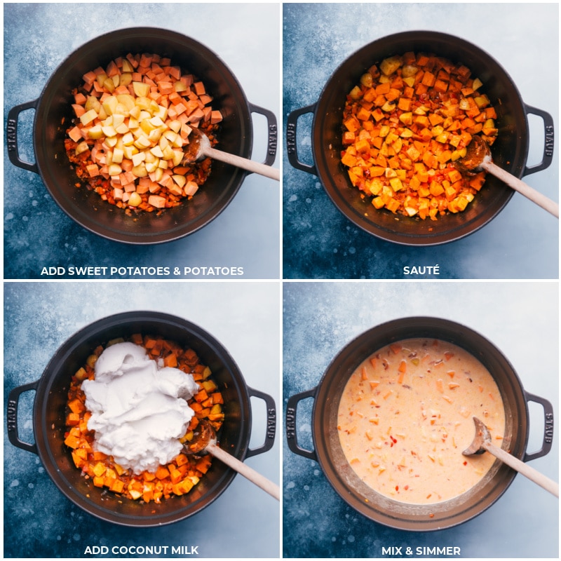 Process shots-- images of the sweet potatoes, potatoes, and coconut milk being added and simmered for this Panang Curry