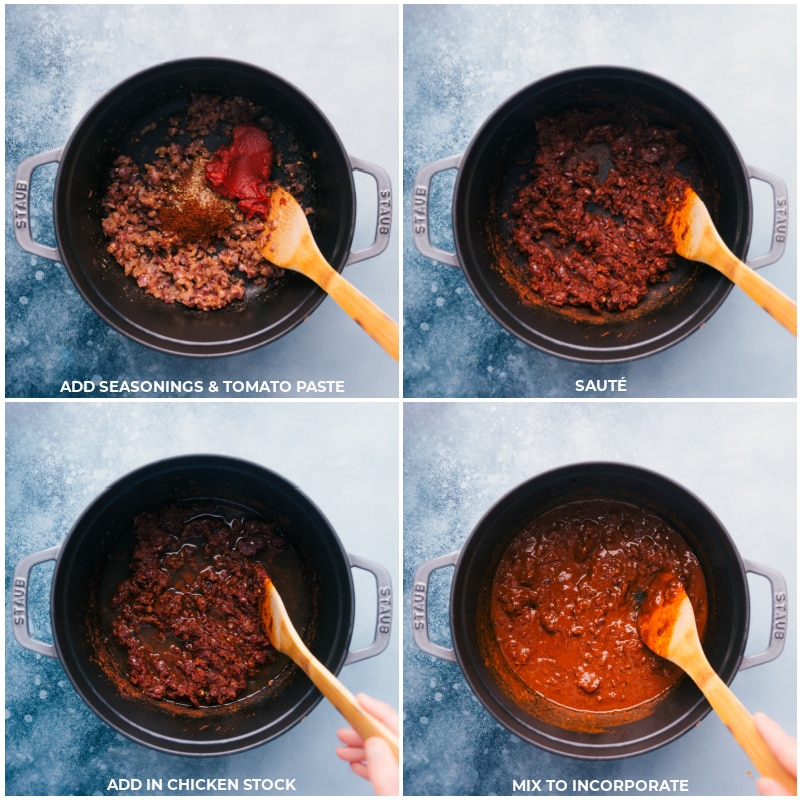 Process shots of pozole-- images of the seasonings, tomato paste, and chicken stock being added and mixed together