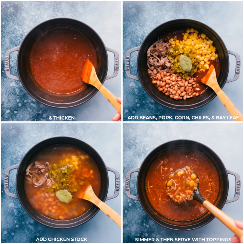 Process shots-- images fo the beans, pork, corn, chiles, bay leaves, and more chicken stock being added