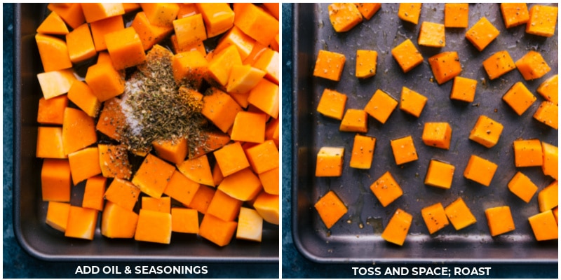 Process shots of roasted butternut squash-- images of the seasonings being added and tossed together