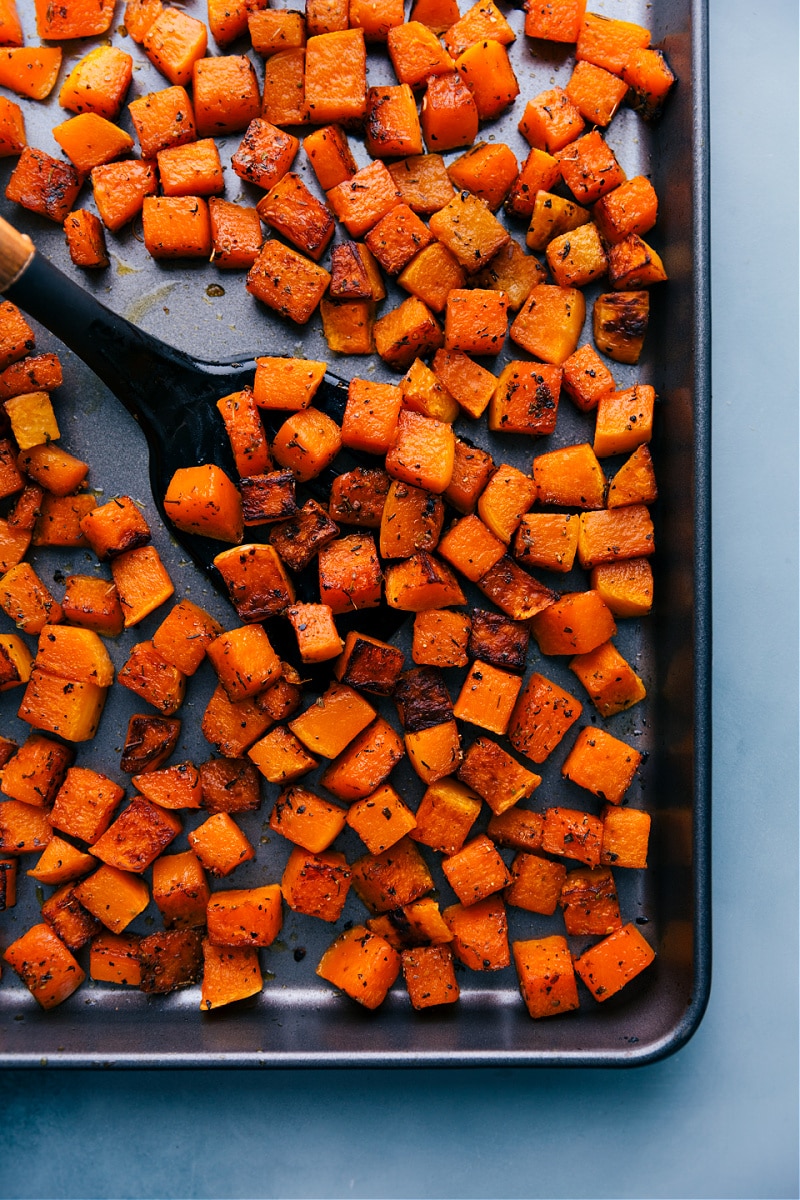 Overhead image of Roasted Butternut Squash fresh out of the oven