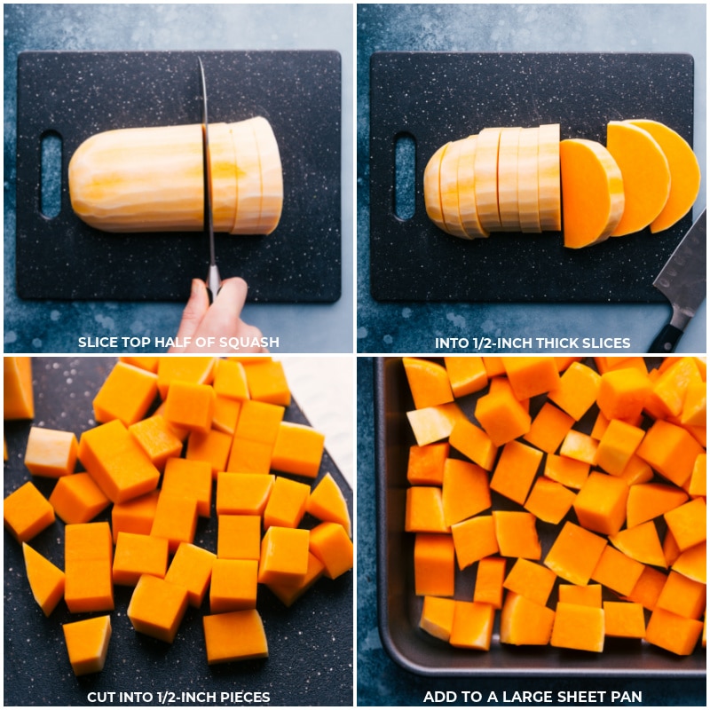 Process shots-- images of the veggies being chopped into small pieces and being placed on a prepared sheet pan