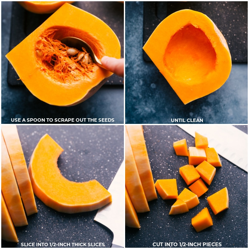 Process shots-- images of the seeds being scraped out of the squash and being chopped up