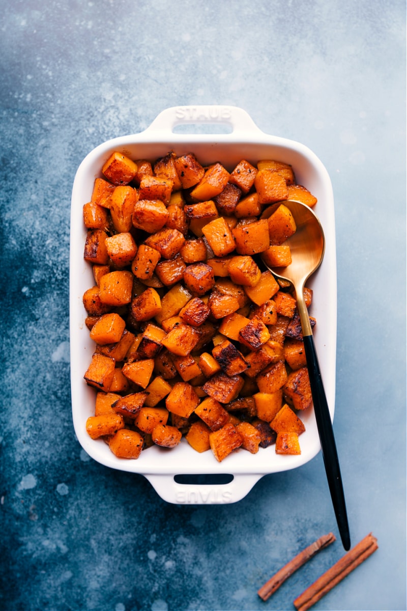Overhead image of the roasted butternut squash in a pan
