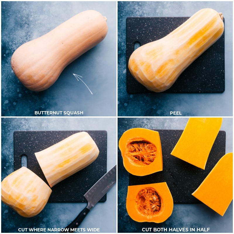 Process shots-- images of the butternut squash being peeled and cut