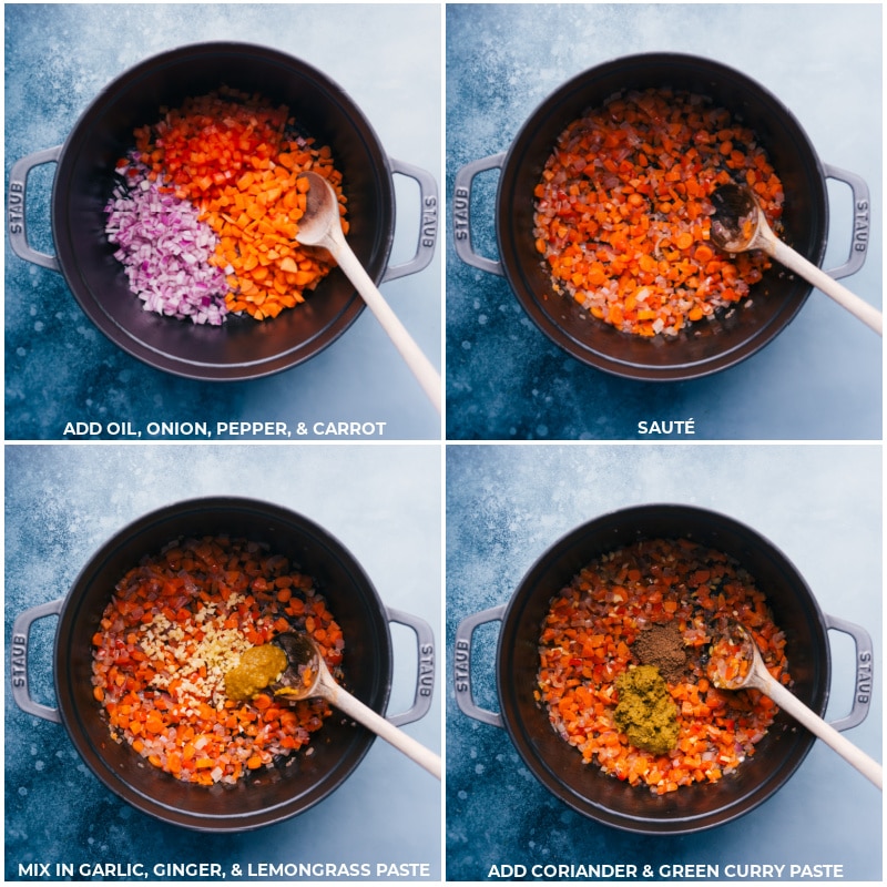 Process shots-- images of the oil, onion, pepper, carrot, garlic, ginger, lemongrass paste, coriander, and green curry paste being added to the pot