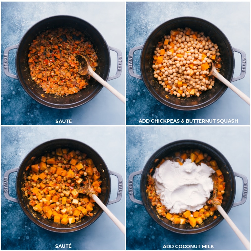 Process shots of this Vegetarian Thai Green Curry-- images of the chickpeas, butternut squash, and coconut milk being added