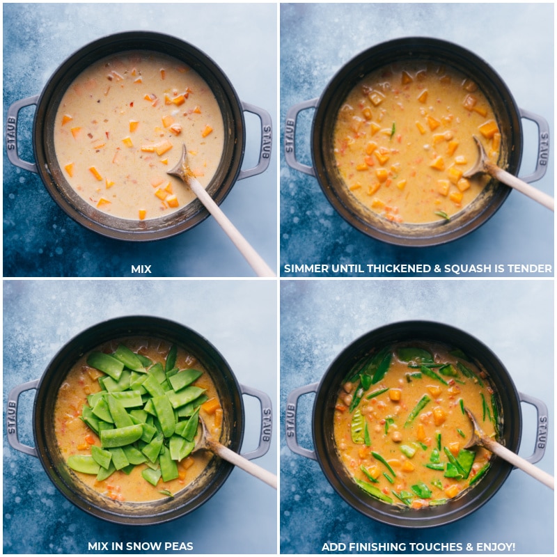 Process shots-- images of the curry simmering and the snow peas being added and mixed in