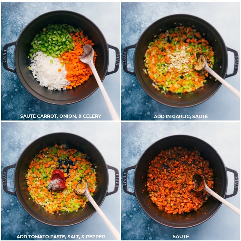 Process shots-- images of the carrots, onion, and celery being sautéed, garlic and tomato paste being added and that being sautéed