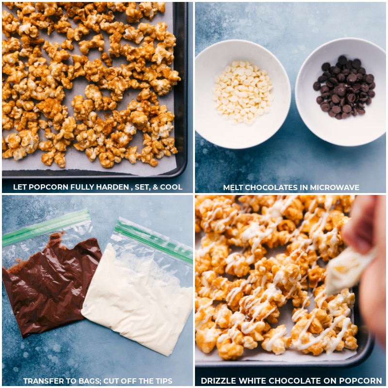 Process shots-- images of the white and dark chocolate being added to the recipe