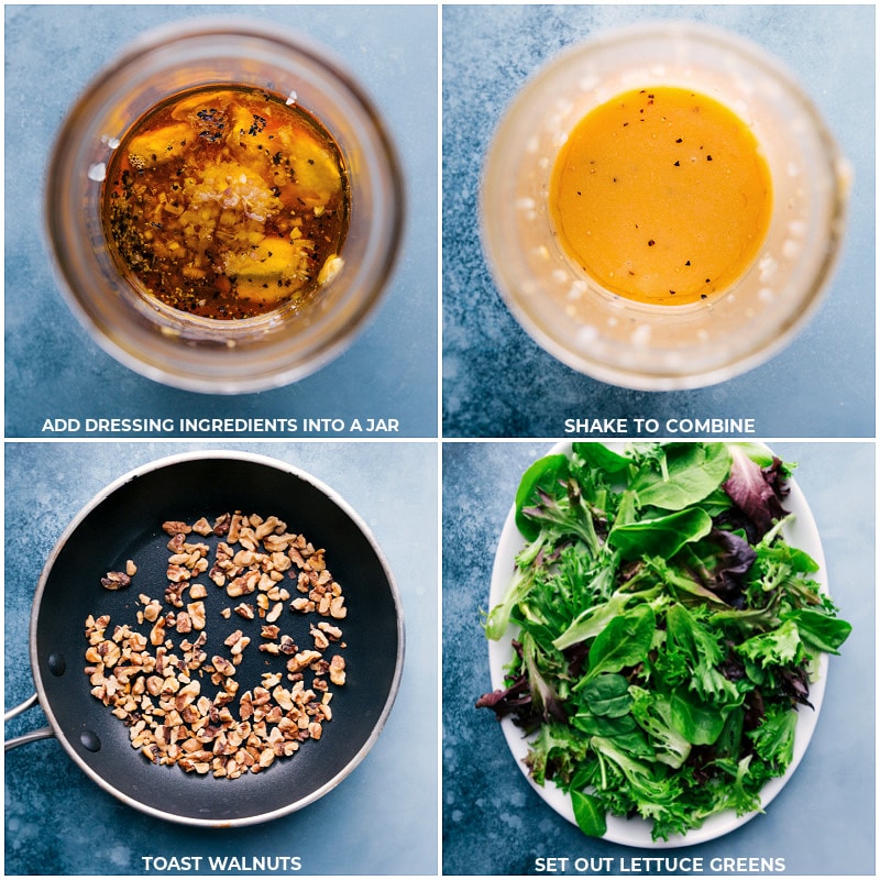 Process shots--make the dressing by adding all ingredients to a jar and shaking; toast the walnuts in a skillet; add greens to a serving platter.