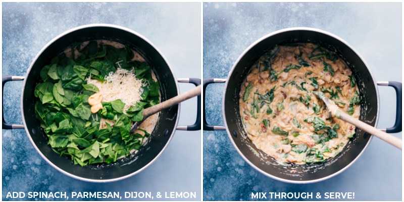 Process shots of the Chicken Orzo-- images of the spinach, Parmesan, Dijon, and lemon being added and mixed together