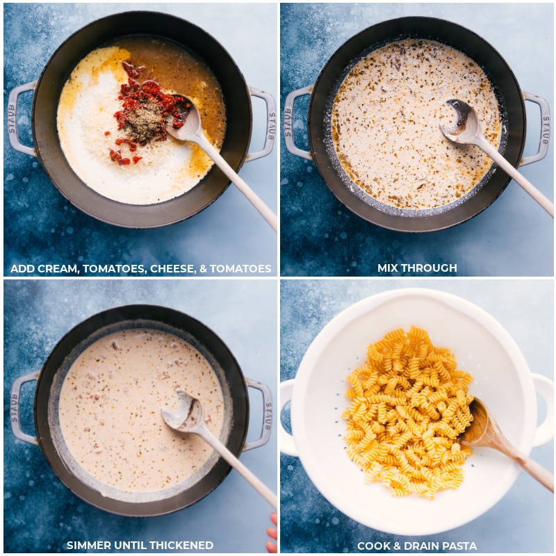 Process shots-- images of the cream, tomatoes, and cheese being added to the pot and the pasta being cooked and drained