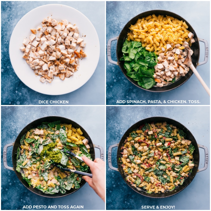 Process shots-- images of the chicken being diced, spinach, pasta, chicken, and pesto being added