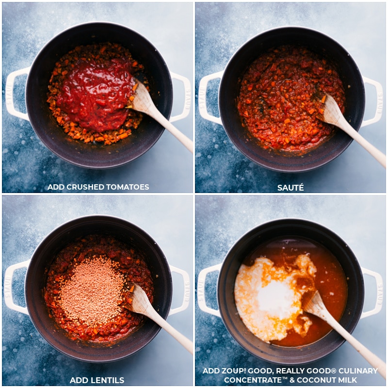 Process shots-- images of the crushed tomatoes, lentils, broth, and coconut milk being added to the chickpea soup