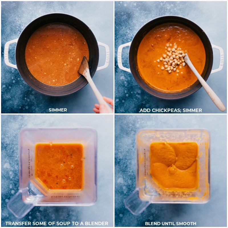 Process shots of the chickpea soup-- images of the chickpeas being added and some of it being blended