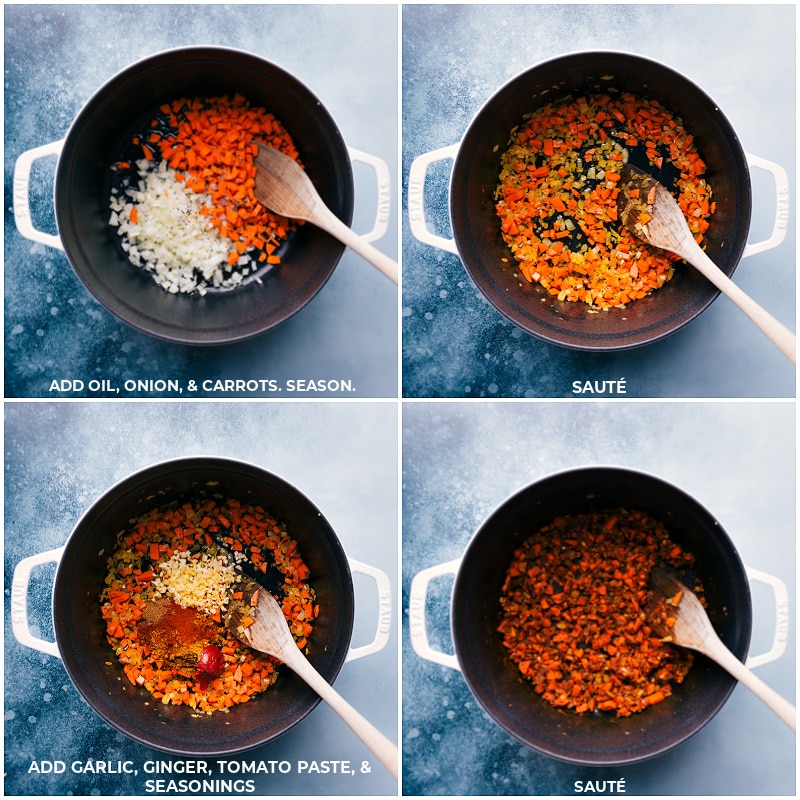 Process shots--images of the oil, onion, carrots, garlic, ginger, tomato paste, and seasonings being added and everything being sautéed together