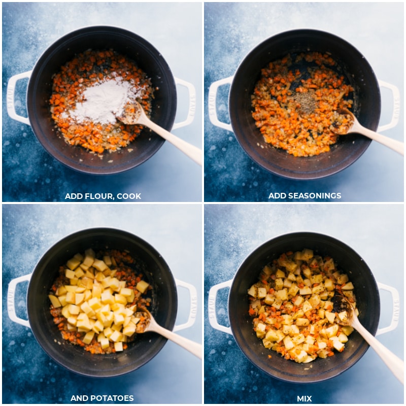 Process shots of Corn Chowder-- add flour, seasonings, and potatoes to the pot and mix together