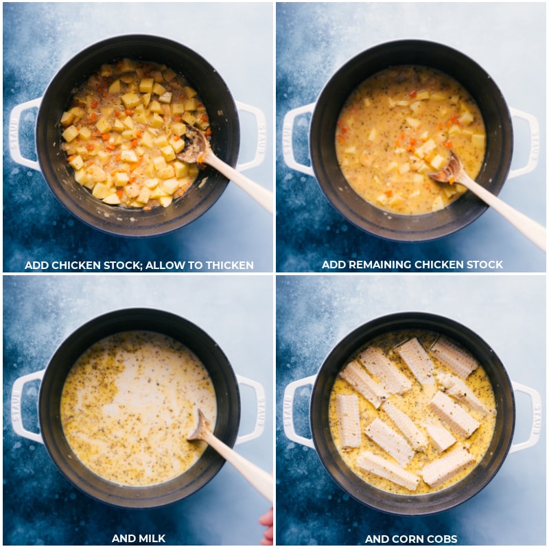 Process shots-- images of chicken stock, milk, and corn cobs being added to pot