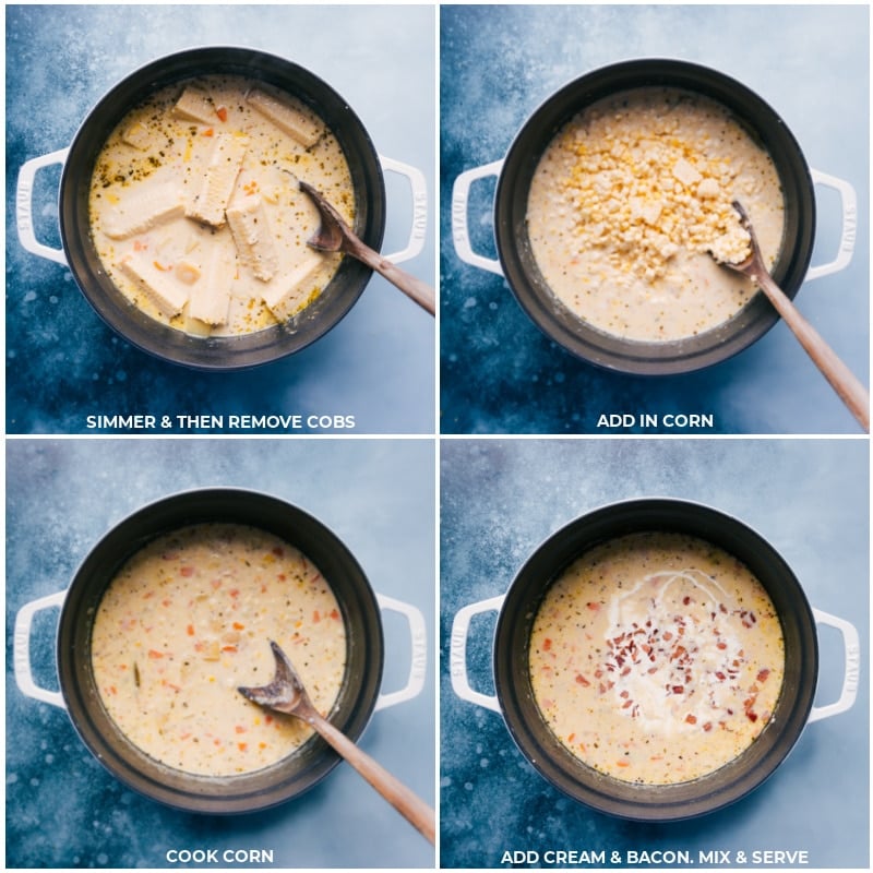 Process shots of Corn Chowder-- corn cobs being removed, corn being added, cream and bacon being added and it all being mixed together