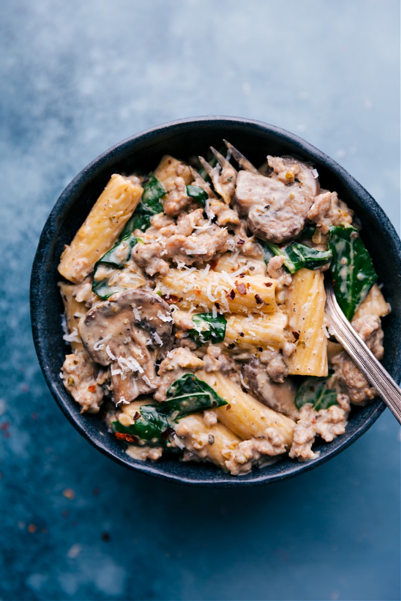 Overhead image of Creamy Sausage and Mushroom Rigatoni