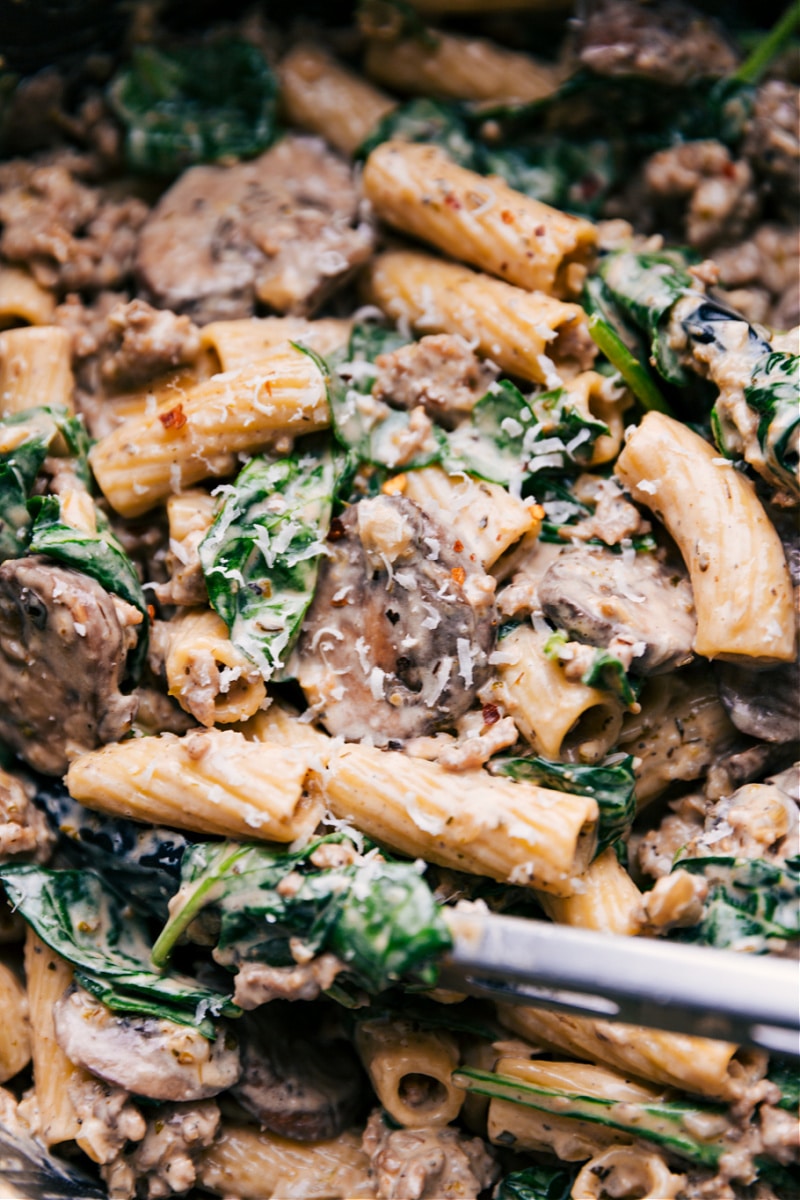 Up-close overhead image of Creamy Sausage and Mushroom Rigatoni in the pot
