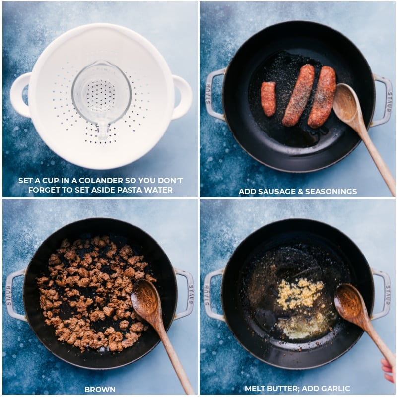 Process shots--place a measuring cup in the collander as a reminder to save some water; brown and crumble the sausage; brown the garlic in melted butter.