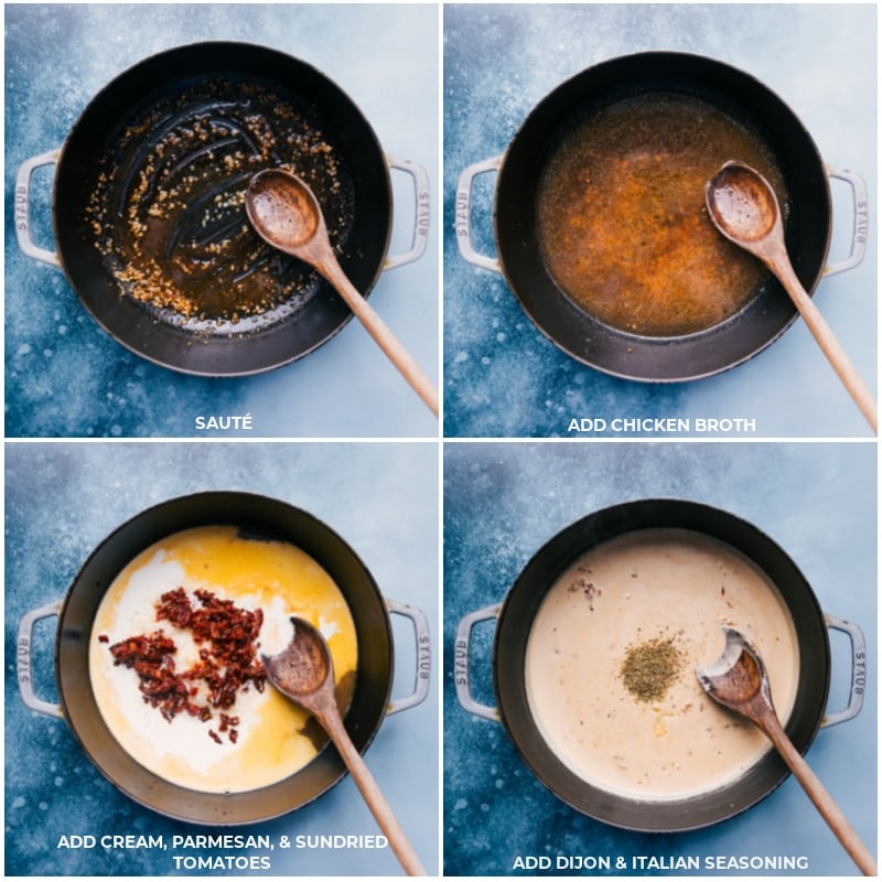 Process shots of Creamy Sausage Pasta--sautee garlic and then add chicken broth, cream, Parmesan cheese, sun-dried tomatoes, Dijon, and Italian seasoning to the pan.