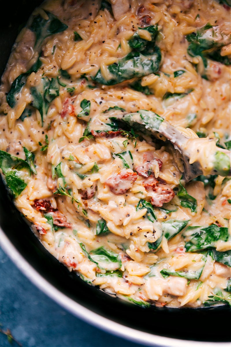 Overhead image of Chicken Orzo in the pot