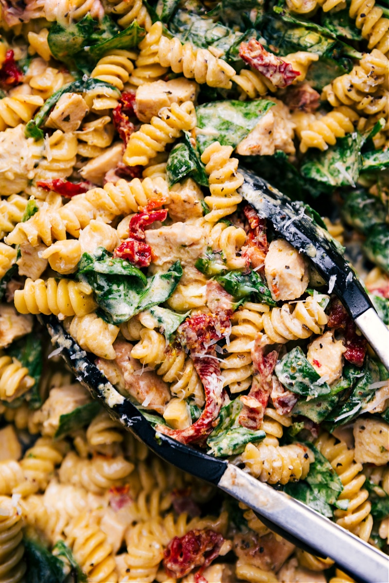 Up-close overhead image of Chicken Pasta in the pan