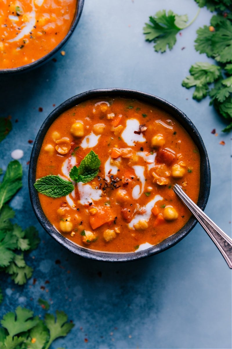 Overhead image of the chickpea soup in a bowl