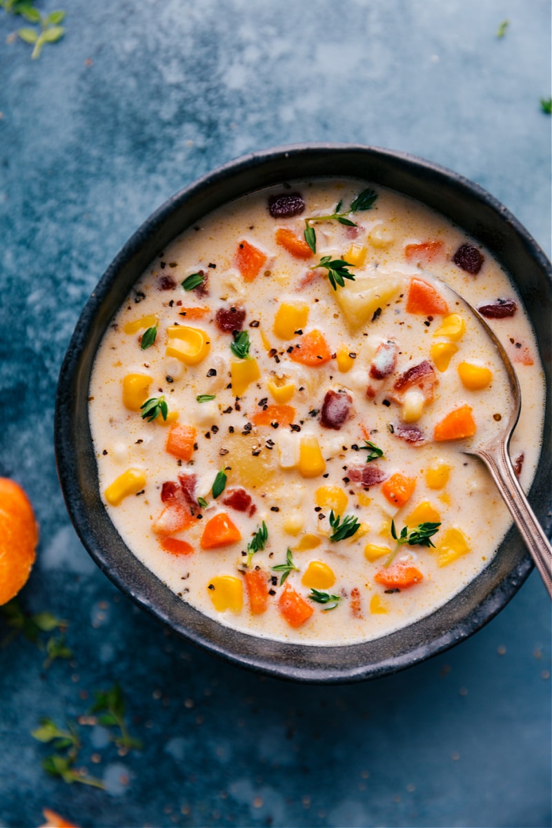 Up-close overhead image of the Corn Chowder in a bowl