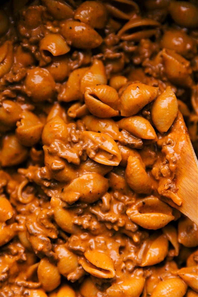 Up-close overhead image of Creamy Beef and Shells