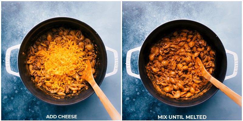 Process shots of Creamy Beef and Shells-- Adding the cheese and mixing it all together.