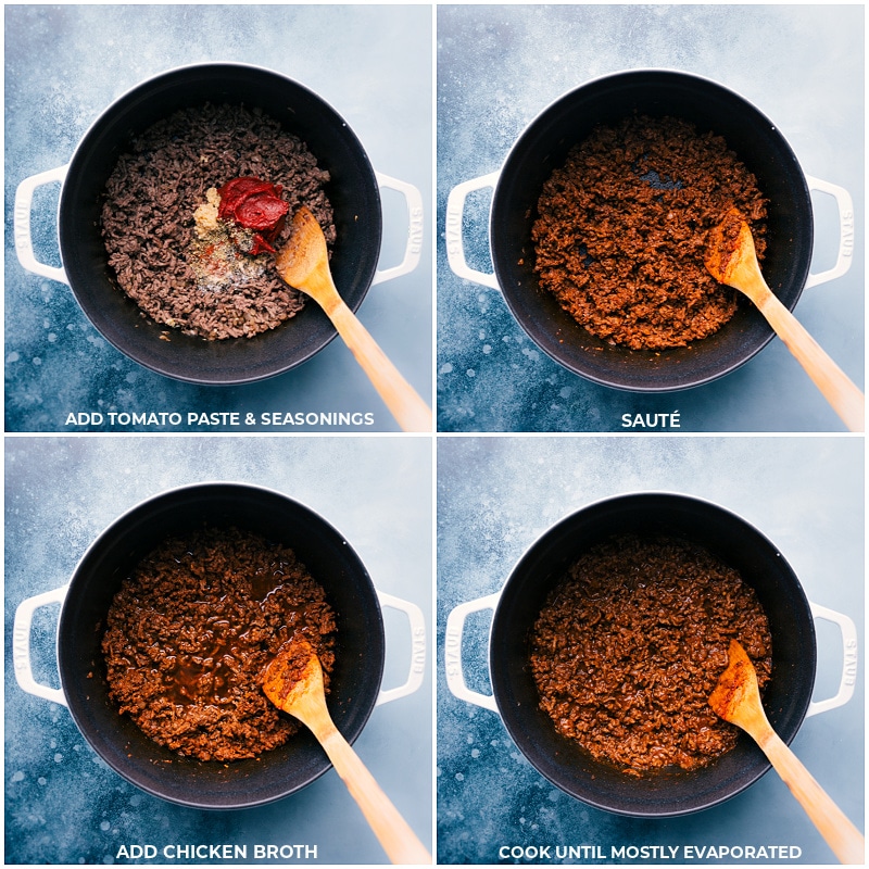 Process shots of Creamy Beef and Shells-- Adding in tomato paste, seasonings, and chicken broth