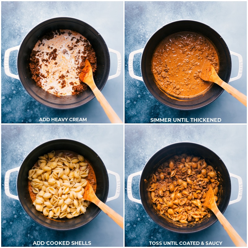 Process shots-- Adding heavy cream and cooked shells to the sauce